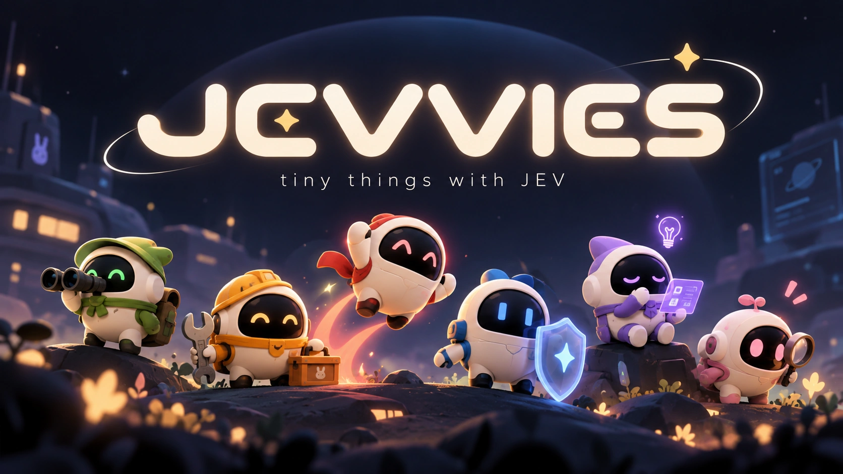A group of small Jevvies exploring a glowing futuristic world